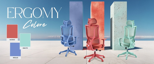Drie ergonomische ERGOMY Colore bureaustoelen in blauw, rood en mint voor gekleurde zuilen met bijpassende kleurstalen.&nbsp;(bearbeitet)