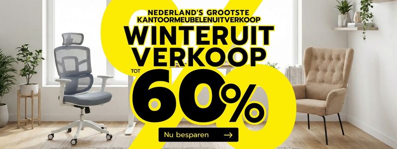 Winteruitverkoop met groot geel procentteken. Op de achtergrond zijn een bureaustoel en een fauteuil te zien.
